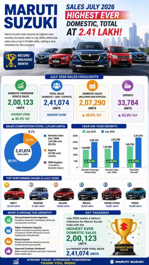 Maruti Suzuki July 2026 Sales Hit Record High, Domestic Sales Touch 2 Lakh Mark